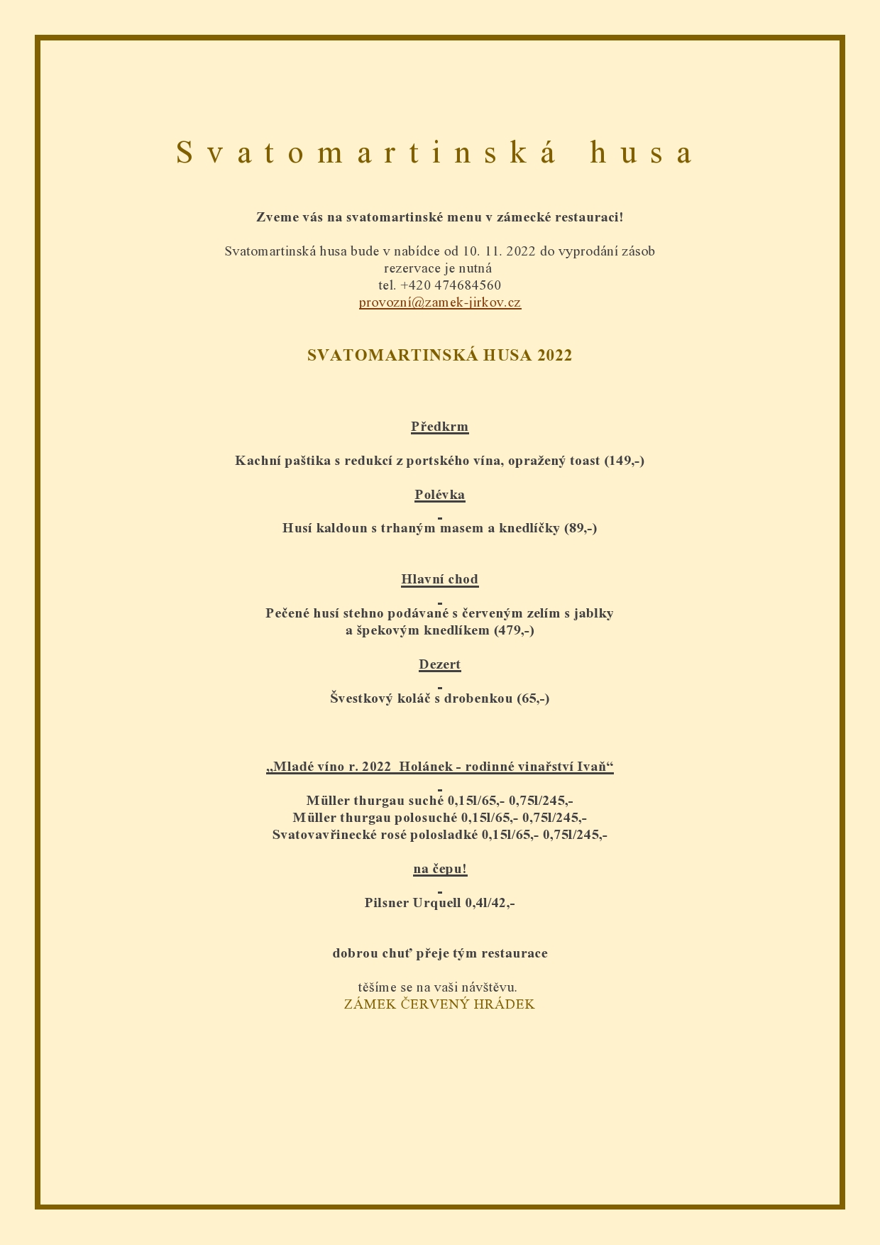 Pozvánka na svatomartinské menu v zámecké restauraci